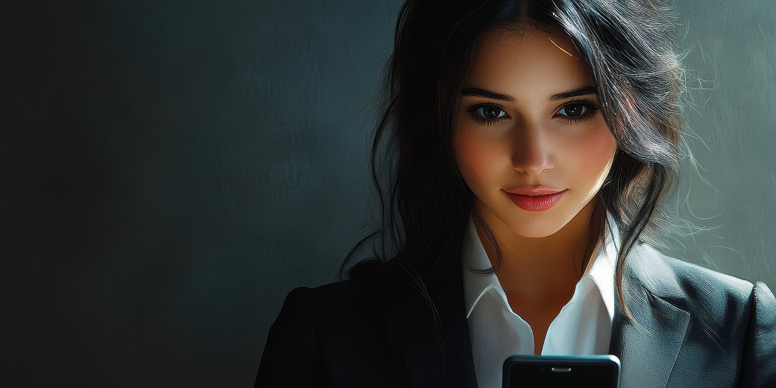 Woman in a business suit looking at her smartphone in a low-lit office environment during the evening